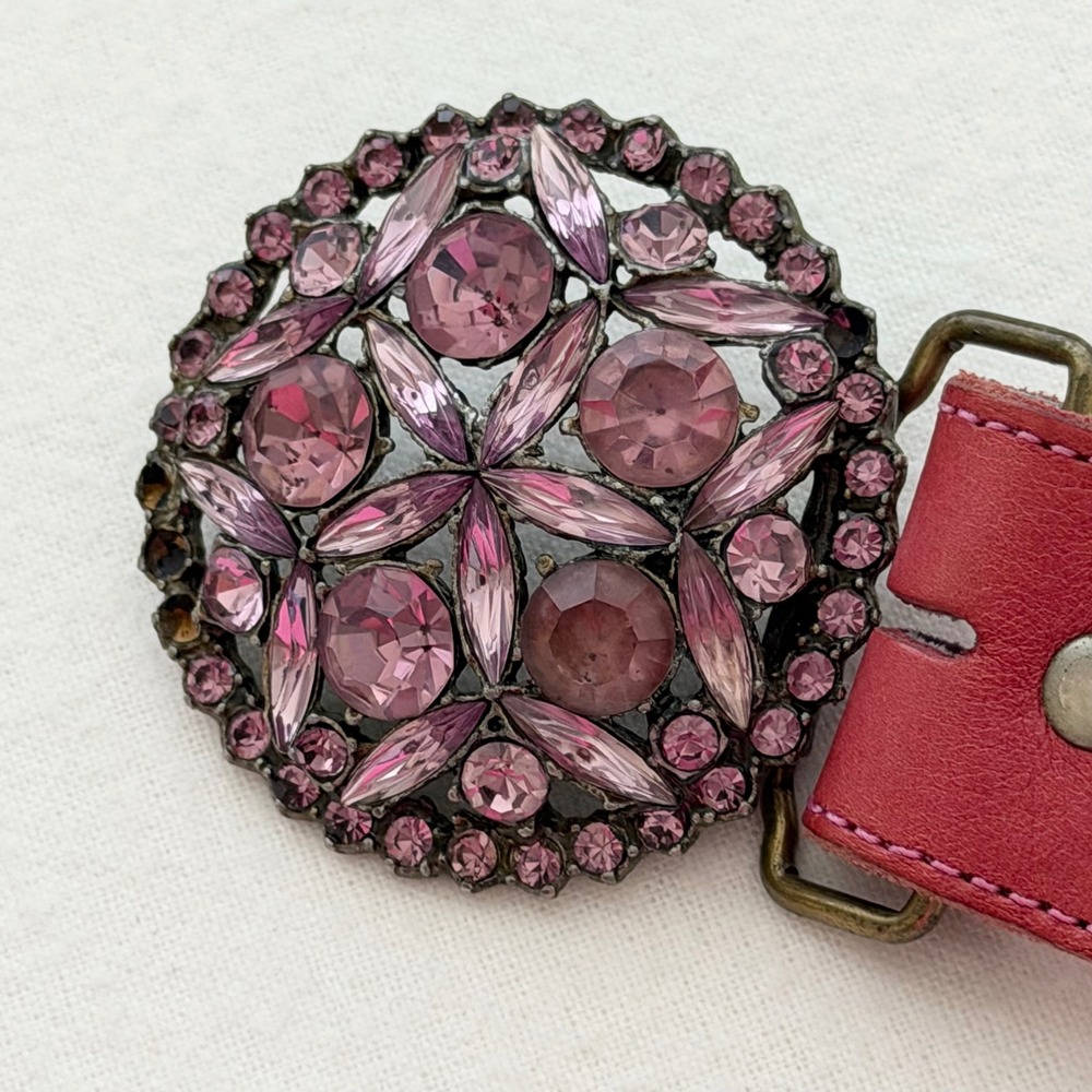 VTG B-Low The Belt Pink Leather Rhinestone Buckle Belt Y2K Boho Western Sz 32 - Picture 5 of 11
